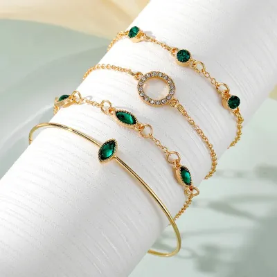 Elegant Emerald Circle Band Crystal Bracelet Set